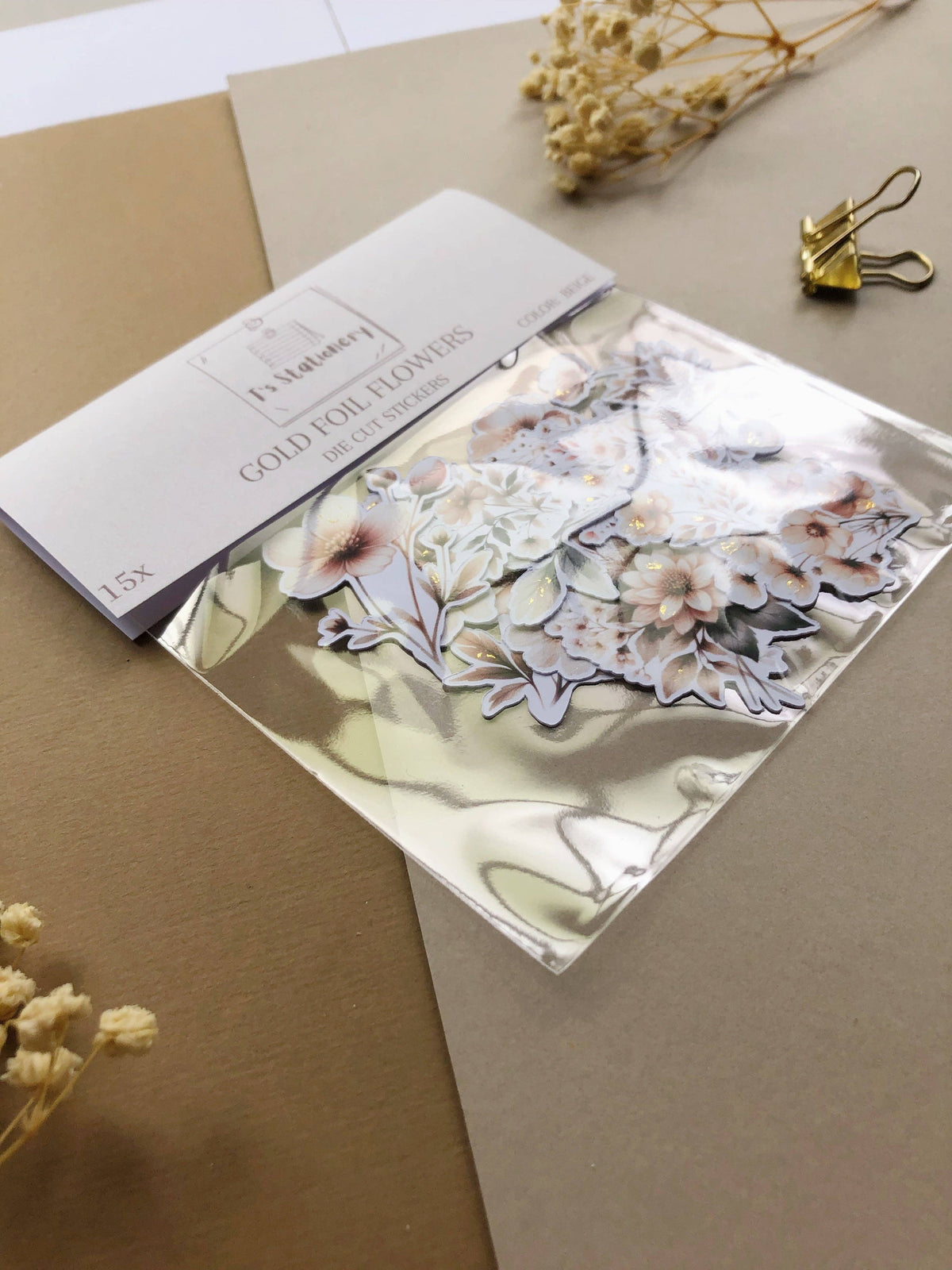 Beige Flowers w Gold Foil, 15kpl tarrapakkaus
